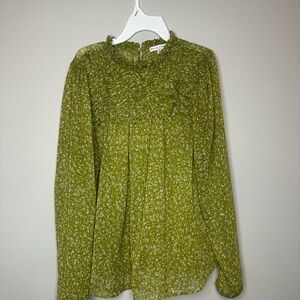 Maison D'Amelie Green Gold Metallic Sheer Smocked Blouse Size M Cottage Chic